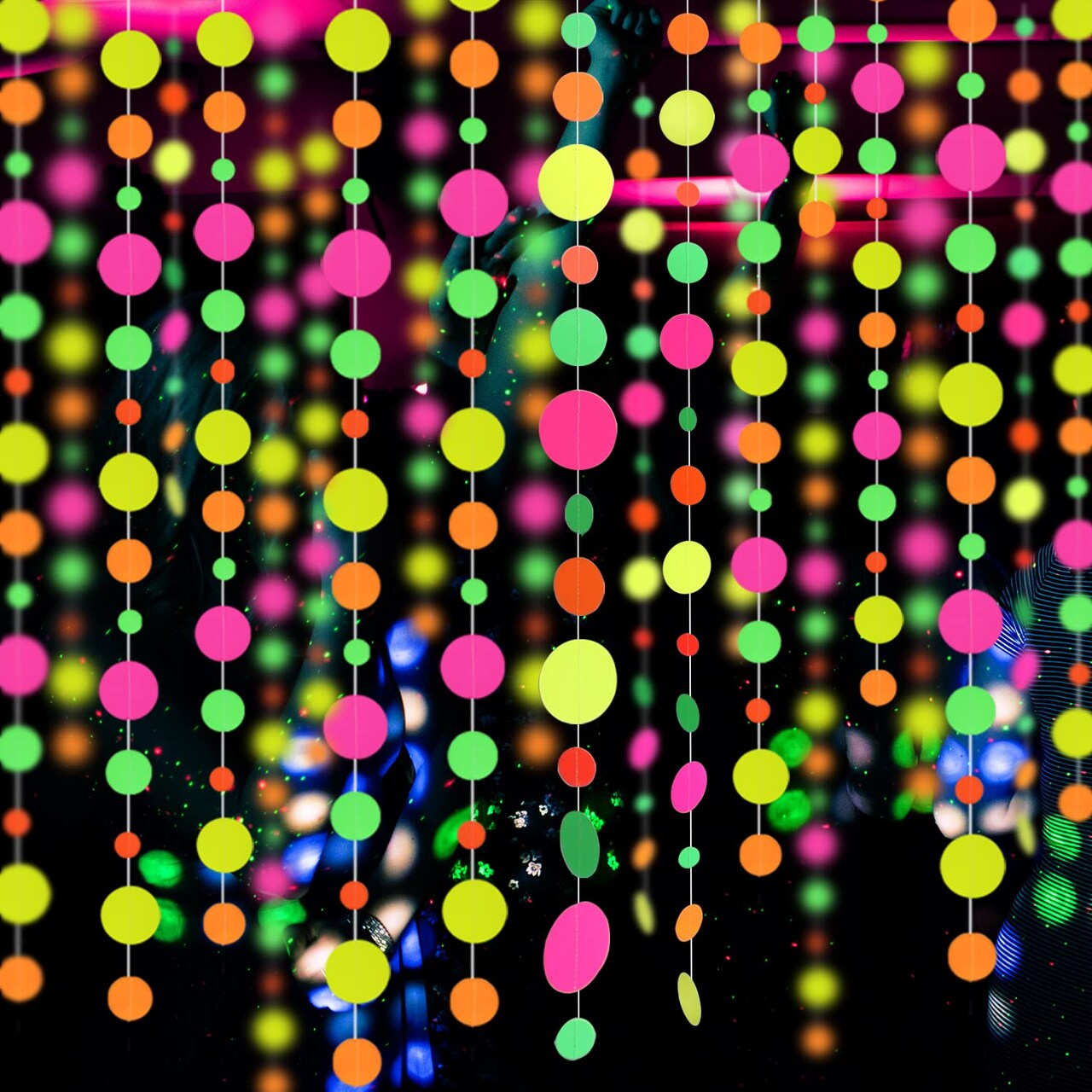 110feet UV Round Dot Paper Neon Garland Neon Streamers Black Light Neon Decorations for Dark Glow Party UV Reactive Neon Party Favors Glow in The Dark Party Supplies Wedding Birthday Banner Decoration